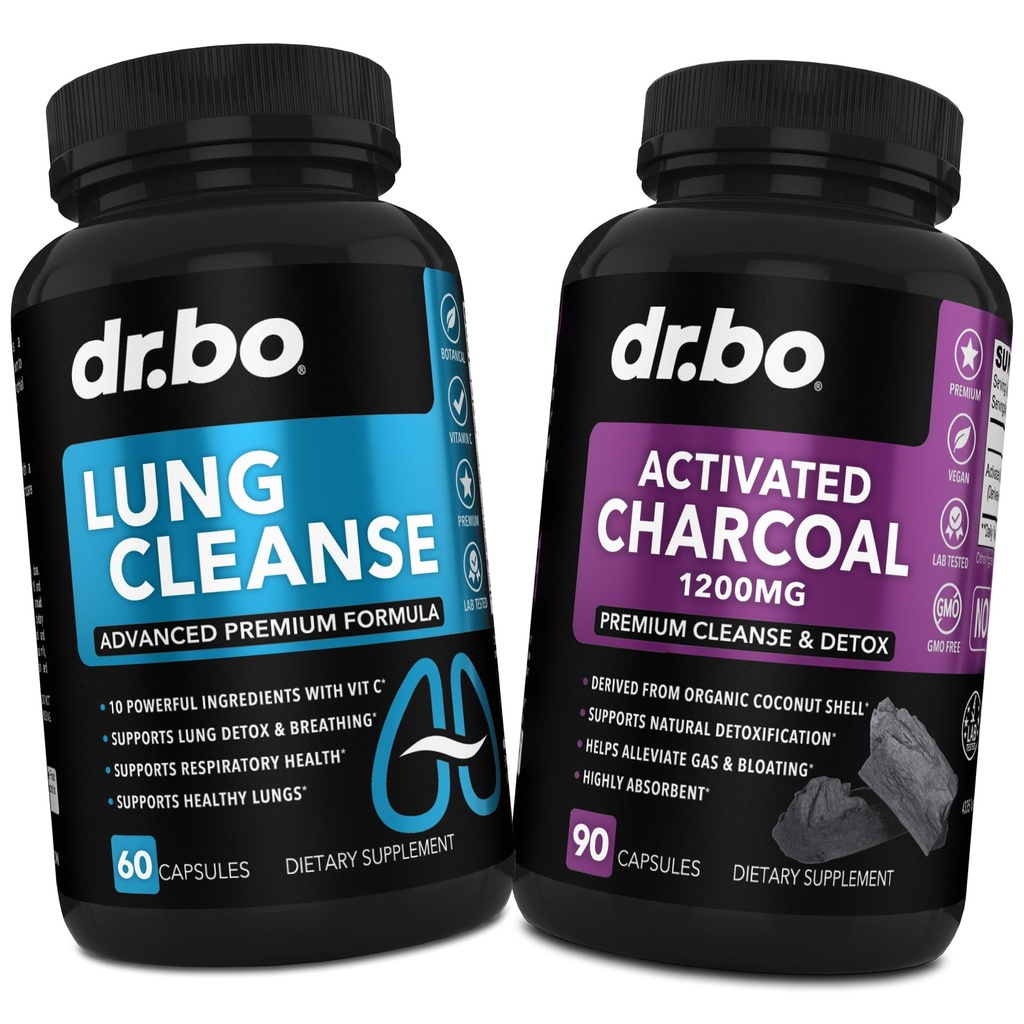 Lung Cleanse & Actived Charcoal Capsules - Suppléments respiratoires et pilules bio de noix de coco Charcoal pour le gaz d'estomac et le blottis support - Détox à base de plantes pour les poumons, Bronchial Health & Gut