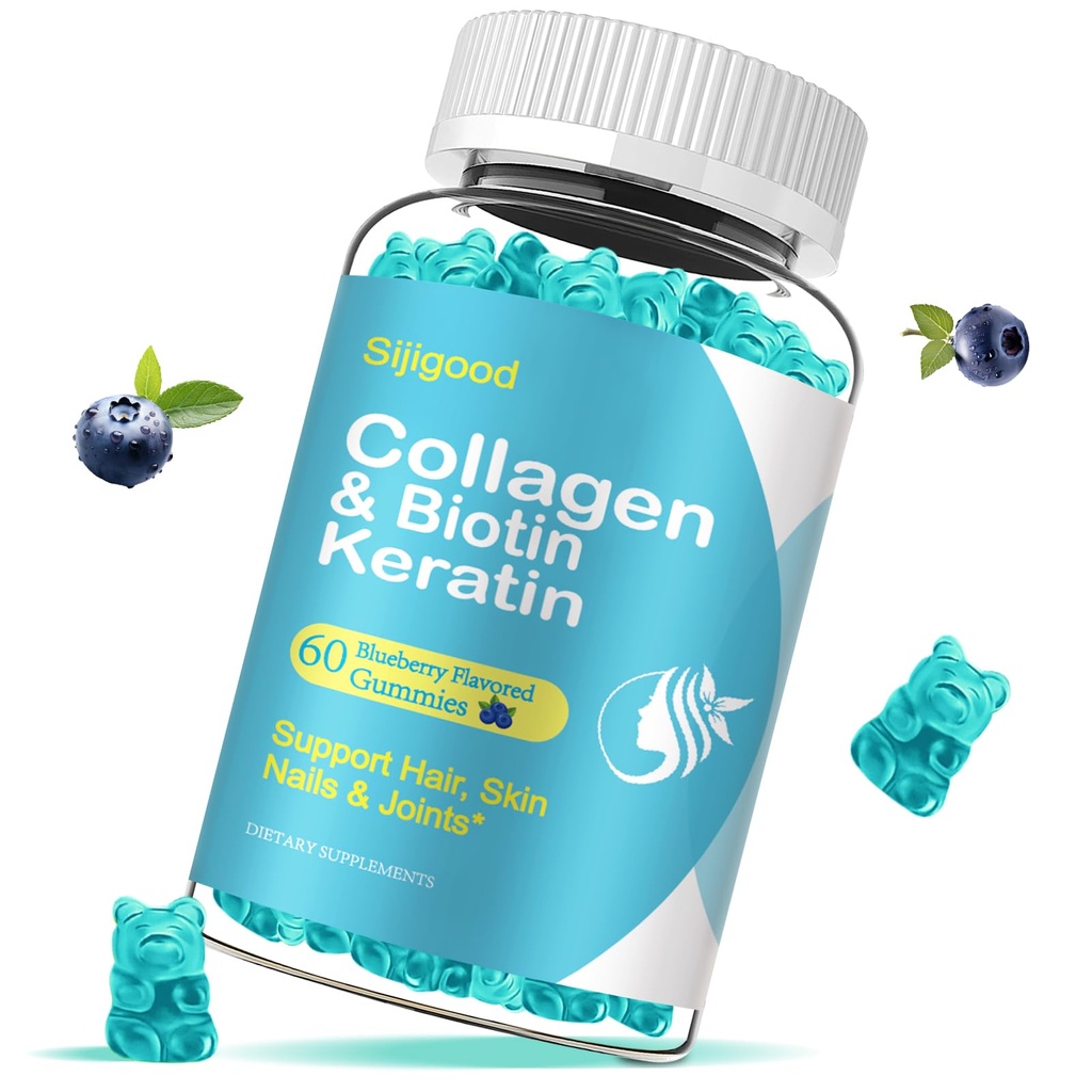 Biotin Gummis mit Collagen, Keratin, Hyaluronsäure, Vitamin für Haut, Haarwachstum, Nägel, Frauen Männer Erwachsene Kinder - 60 Blueberry Flavored Gummies