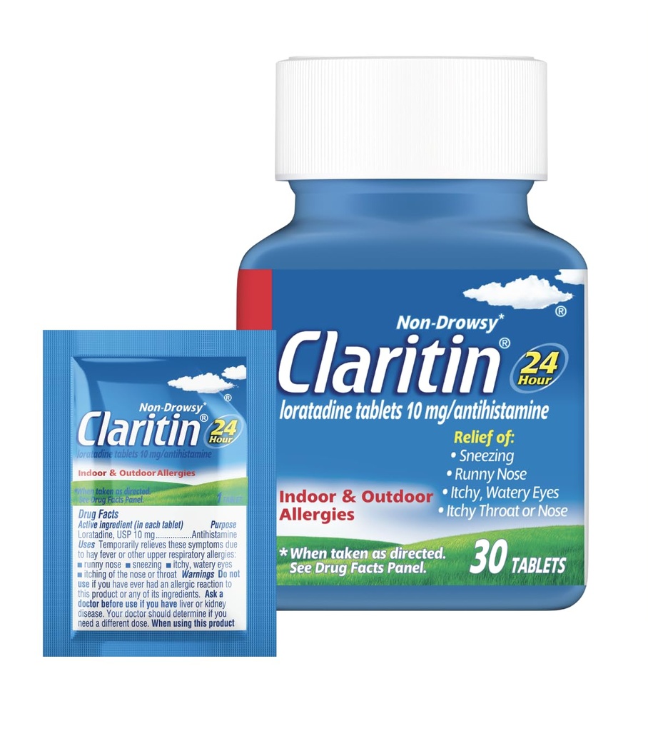 Claritin Allergy Medizin für Erwachsene, 24-Stunden-Non-Drowsy Loratadine 10mg Pillen, Antihistamin, 30 Tabletten + 1ct On-The-Go Relief