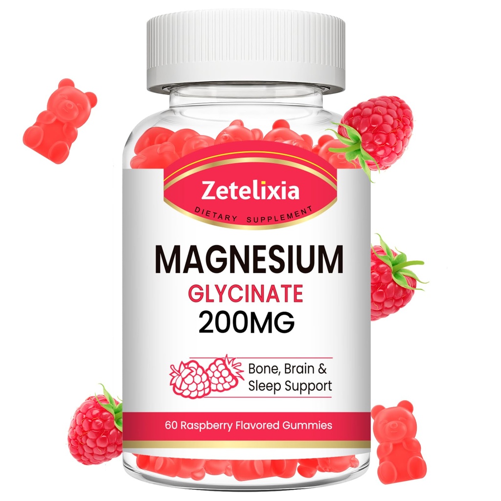 Glycinat de magnésium Gommies, Suppléments de glycinate de magnésium à absorption élevée pour la relaxation, Chews aux framboises pour adultes et enfants, 60 comtes