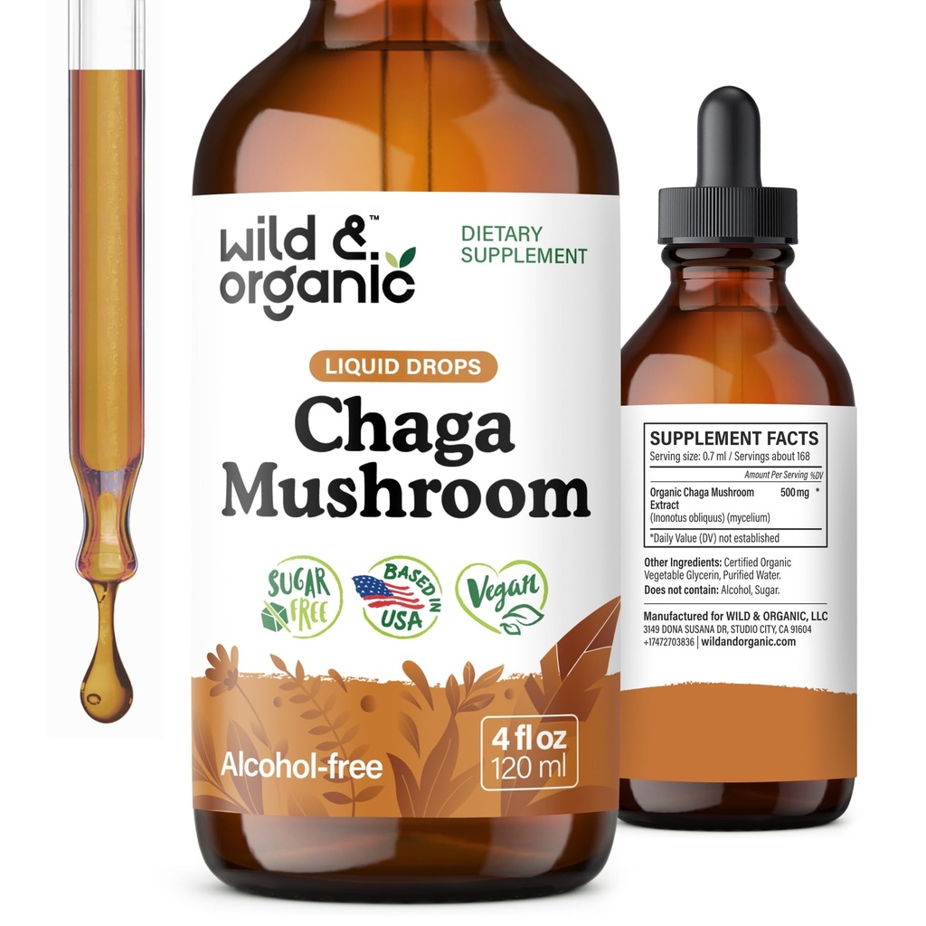 Wild & Organic Chaga Pilztropfen - Immununterstützung mit Chaga Extrakt - Flüssige Pilzergänzung für Immunität - Vegan, Zucker & Alkoholfreie Tinktur - 4 fl Unze