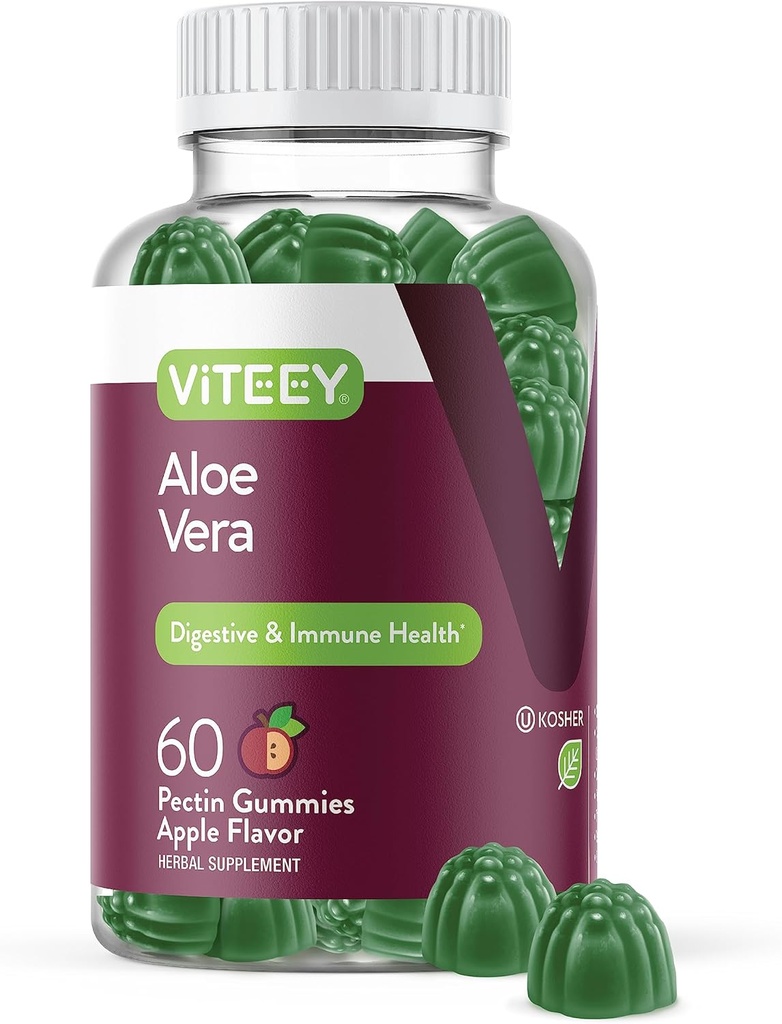 Viteey Aloe Vera Gummies pour les adultes - 50mg - Aides à la digestion et à la santé immunitaire - Supplément Aloe Vera - Vegan, sans gélatine, sans gluten, sans OGM, sans framboise croustillante goûtée