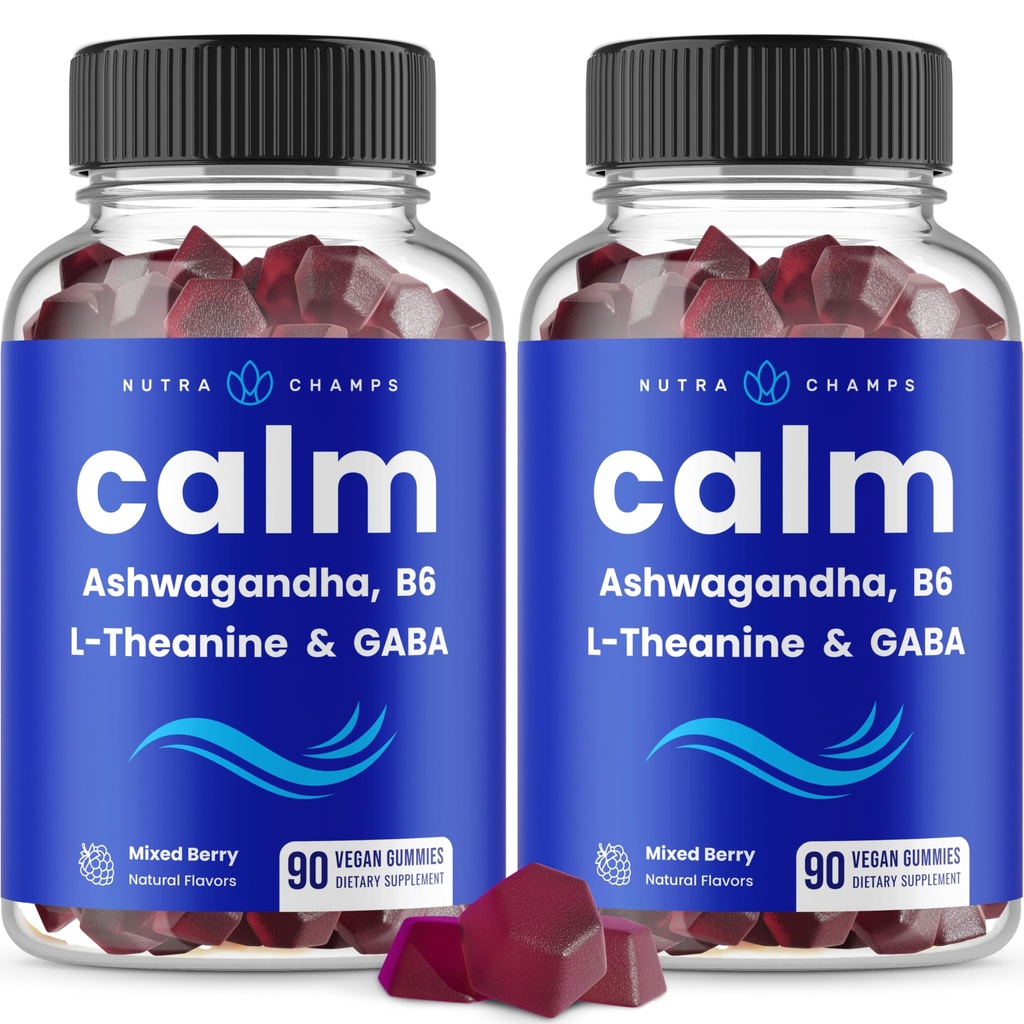 NutraChamps Calm Gummis, Stress Gummis Ergänzung mit Ashwagandha, L-Theanin, GABA, Vitamin B6 & Zitronen Balm, 90 Gummis (Pack von 2)