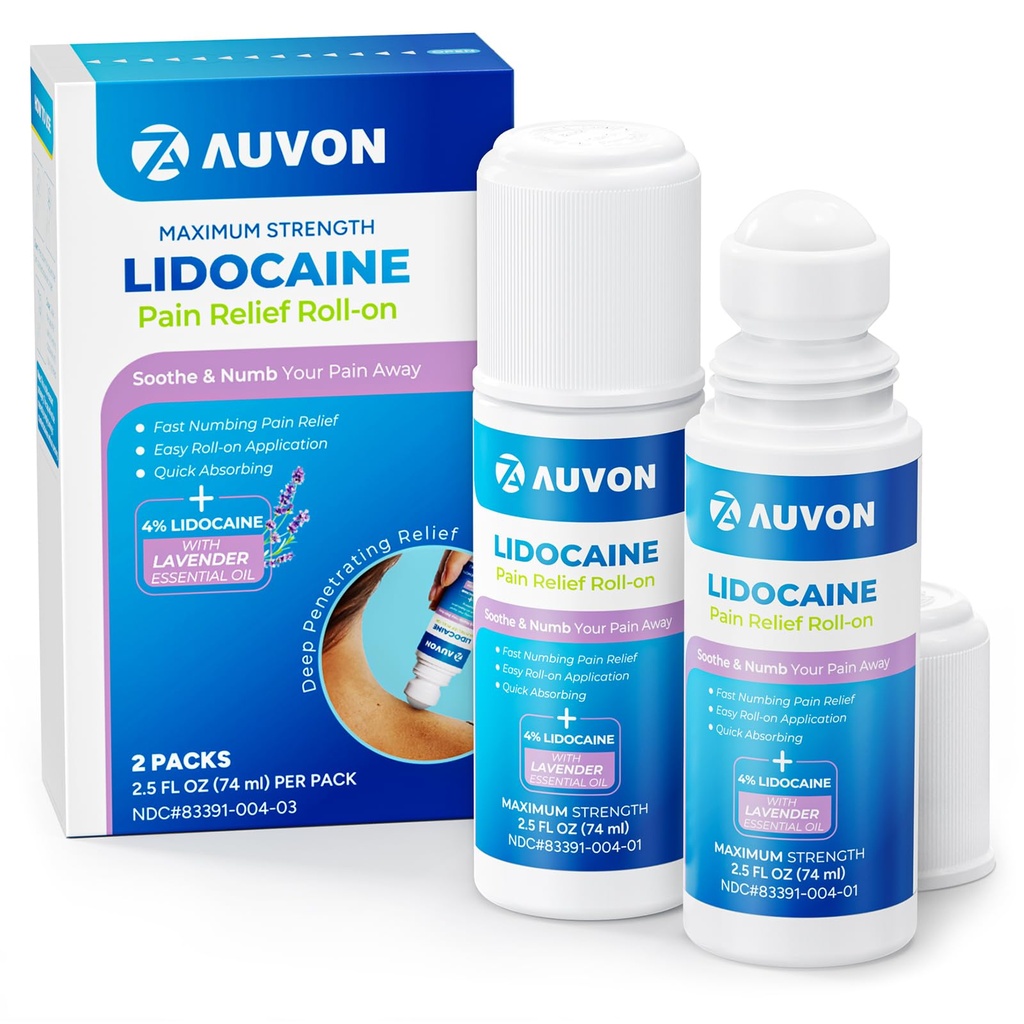 AUVON Max Strength Lidocaine Pain Relief Roll-On mit Lavender Essential Oil, Kein Mess-Applicator, schnelle Absorbierung zu Numb & Soothe Pain Relief für Knie, Schultern, FSA / HSA Eligible, 2.5 OZ, 2 Packungen