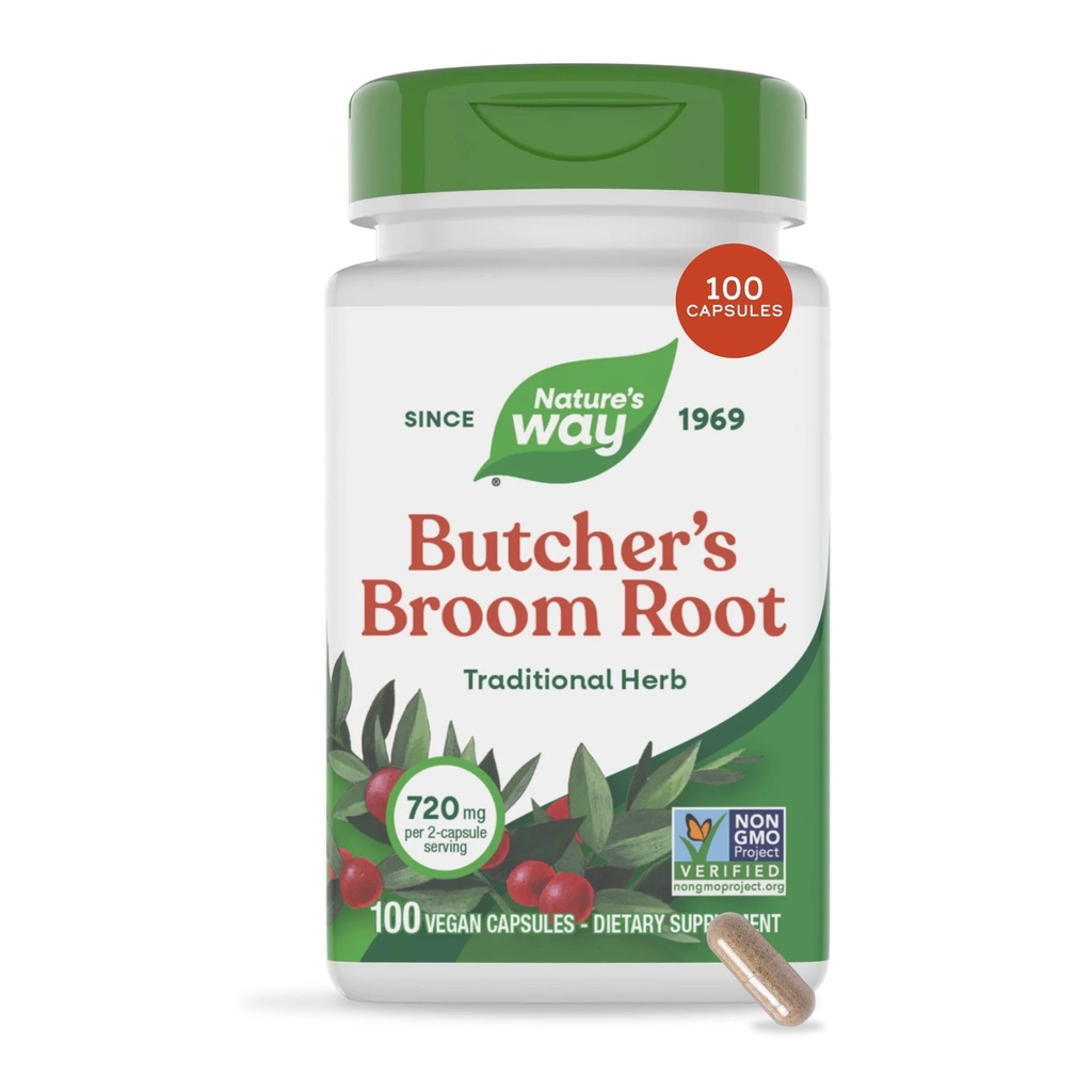 Nature's Way Butcher’s Broom, Traditionelle Kräuter, 720 mg pro 2-Capsule Serving, Non-GMO Project Verified, 100 Vegan Capsules (Packaging May Vary)