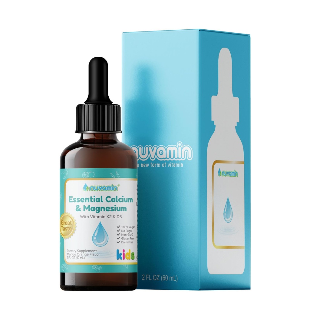 Nuvamin – Calcium liquide et gouttes de magnésium pour bébés, tout-petits, enfants et adultes, 2Fl.Oz (60ml), 30 portions quotidiennes. Grand goût - Tout naturel - Vegan - Absorption supérieure