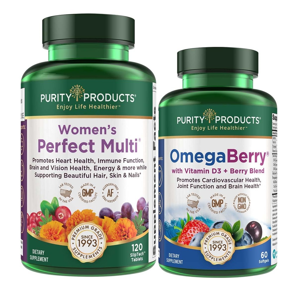 Produits de pureté Femmes Perfect Multi + OmegaBerry Huile de poisson Multi pour femmes (supprime la santé urinaire, immunitaire, os, cheveux, peau, ongles + Plus) - OmegaBerry (1250mg Omega-3, vitamine D3 + Plus)