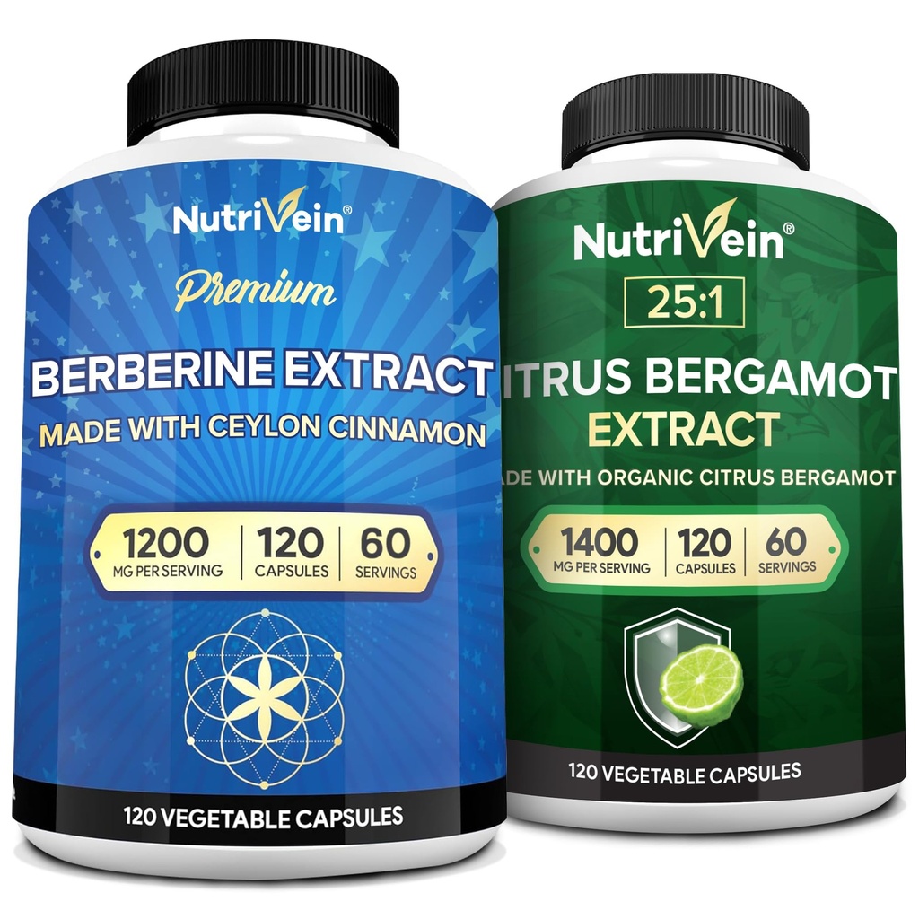 Nutrivein Premium Berberine 1200mg & Citrus Bergamot Extract 1400mg Bundle - Ceylan Cinnamon & 25:1 Bergamia Extract - Weight Management & Immune Support Plus Heart Health - 120 Capsules Chaque