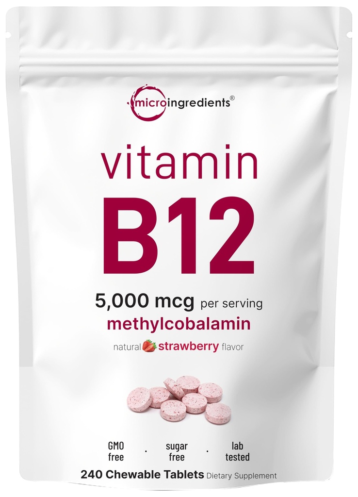 Micro-ingrédients Vitamine B12 5 000 mcg (Méthylcobalamine – 240 comprimés à croquer) Désolation rapide, saveur de fraise naturelle Soutient l'énergie et le métabolisme Santé