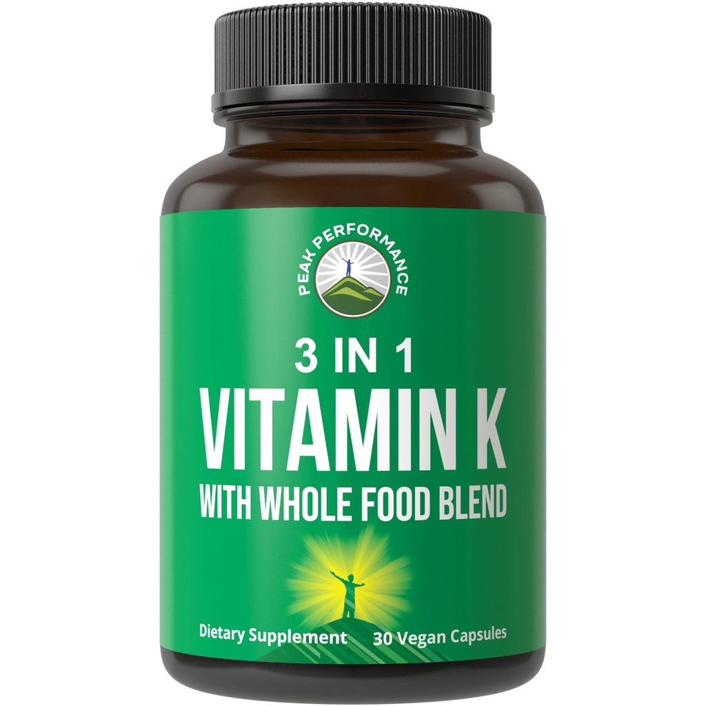 Vitamin K mit ganzer Nahrungsmischung von 25+ Gemüsen und Früchten für maximale Absorption. Vegan Kapseln Ergänzung. Vitamine K1, K-2 MK4 + K2 Natto MK7. Alternative zu Tropfen, Gummies. VIT K mit K 2 und MK-7