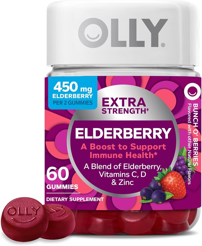 OLLY Extra Strength Elderberry Gummies, Immununterstützung, 450mg Elderberry, Vitamin C, D und Zink, Berry - 60 Count