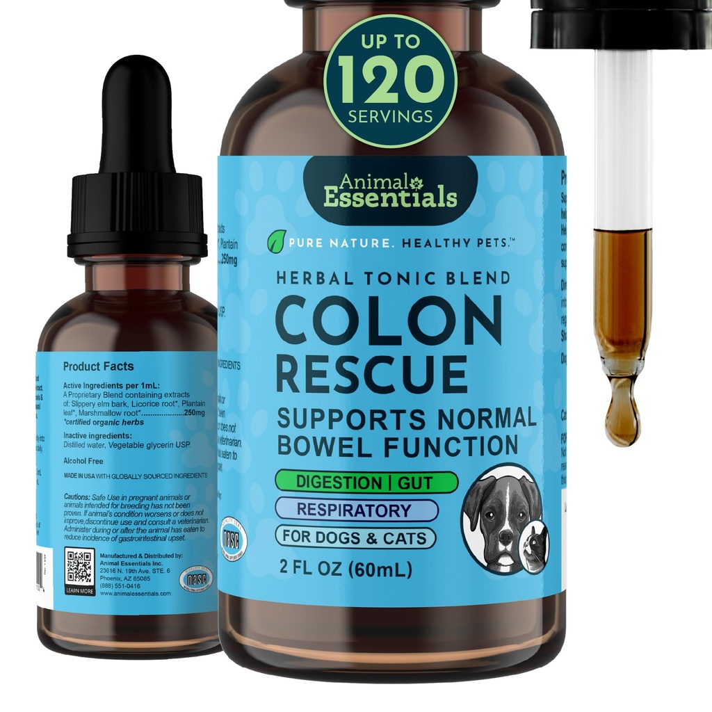 Animal Essentials Colon Rescue - Dog Stool Softener, Organic Slippery Elm Bark, Anti Diarrhée à action rapide gouttes liquides pour chiens et chats, Supplément de Constipation Naturelle pour animaux de compagnie - 2 fl oz
