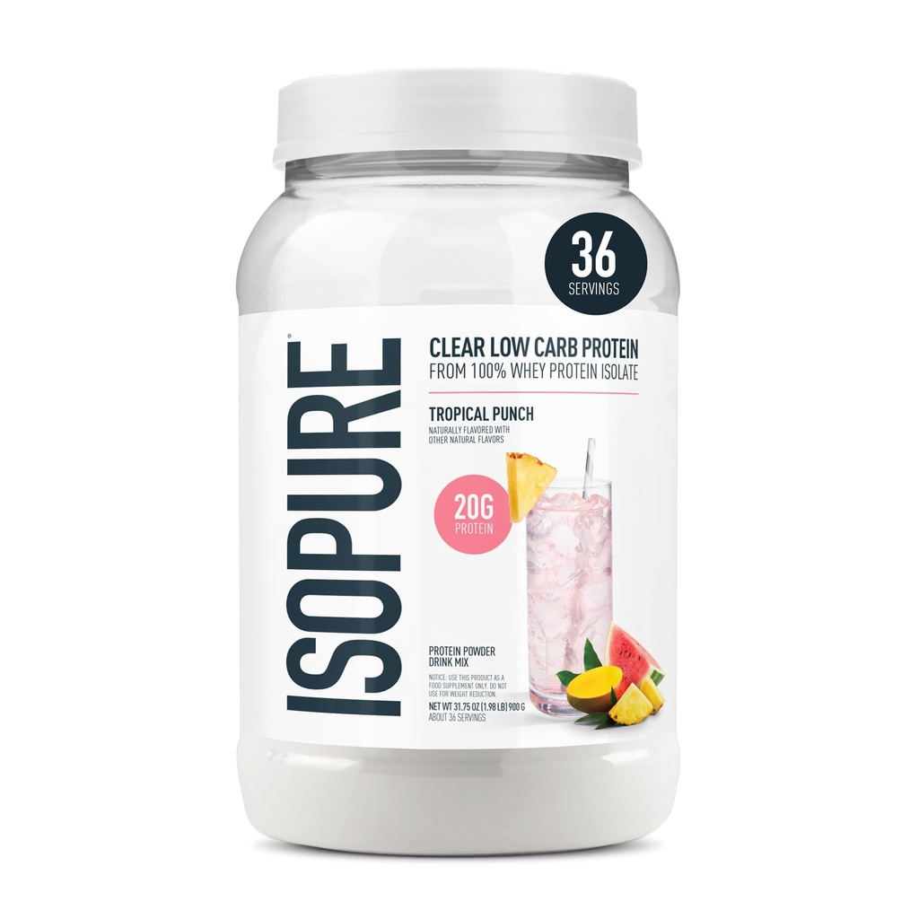 Isopur Clear Whey Isolate Protein Powder, Lactosefrei, Glutenfrei, Natürlich aromatisiert, Tropical Punch, 20g Protein Per Serving, 1.9 Lbs, 36 Servierungen (Verpackung Mai Vary)