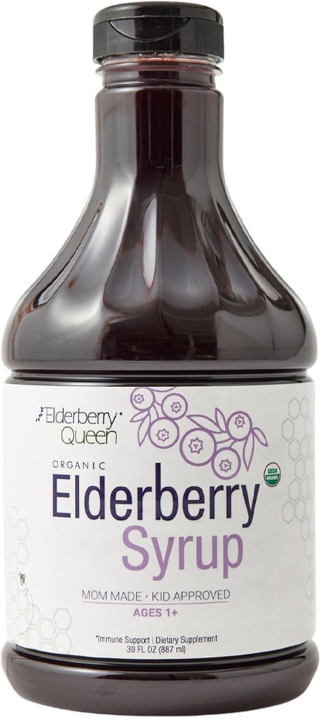 Elderberry Queen Organic Elderberry Syrup 30 Fl Oz - Immununterstützung Formel mit Sambucus Black Elderberry & Aronia Berry - Pure Natural Certified Organic Elderberry Syrup für Kinder und Erwachsene