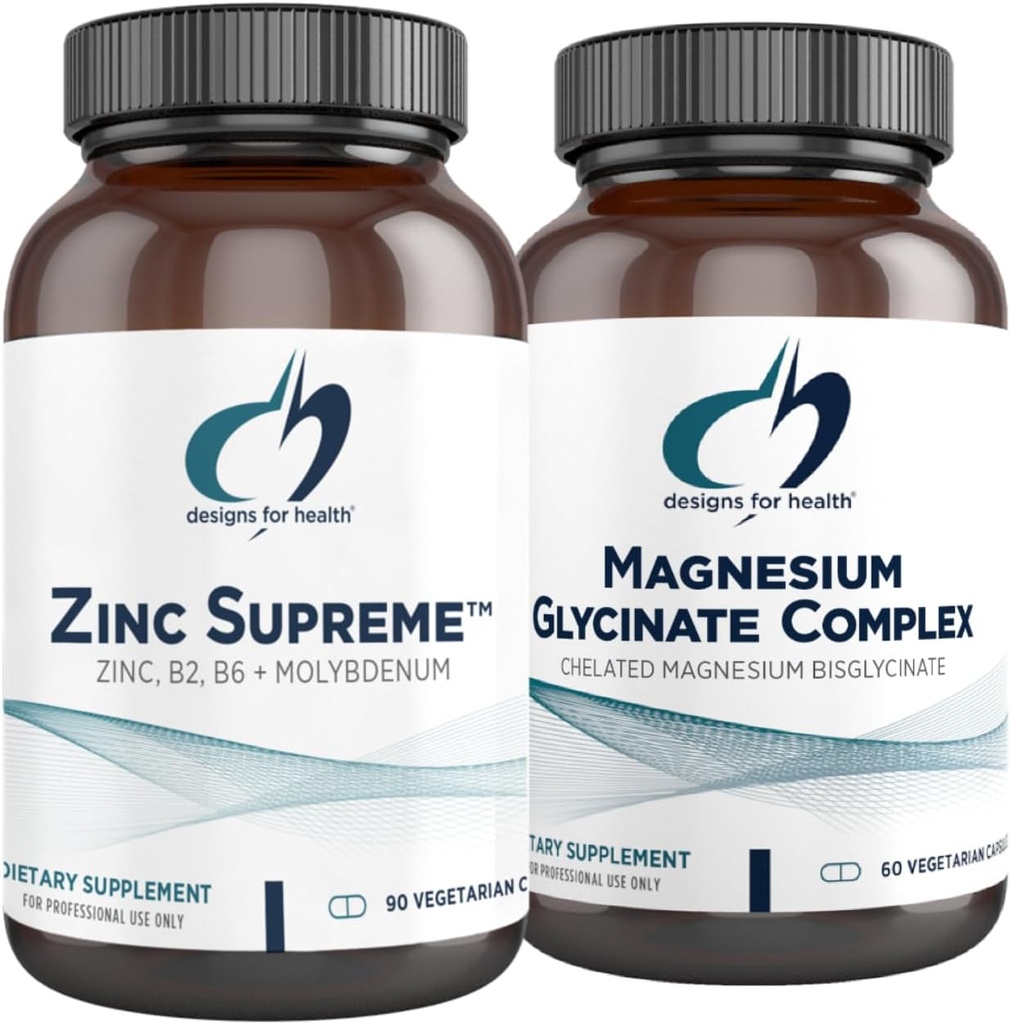 Designs für Gesundheit Magnesium Glycinat Complex (60 Kapseln) & Zink Supreme (90 Kapseln) - Hohe Absorption Magnesium mit Zink Bisglycinat Chelat mit Cofaktoren für Immununterstützung