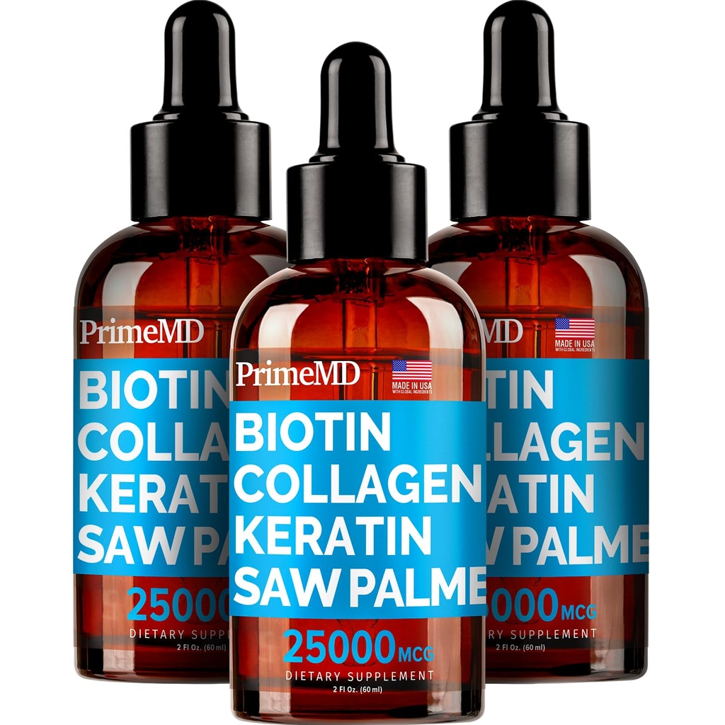 PrimeMD 4-en-1 Liquid Biotin Collagen Kératin Saw Palmetto Drops (3 Pack) Bundle - 25000mcg Huiles capillaires et vitamines de peau pour les femmes et les hommes - 2 Fl Oz Chacun, Saveur de pastèque, Sans gluten, Non-OGM