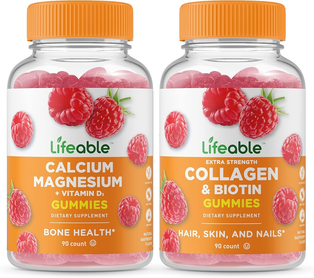 Lifeable Calcium Magnesium + Collagen & Biotin, Gummies Bundle - Great Tasting, Vitamin Supplement, Gluten Free, GMO Free, Chewable