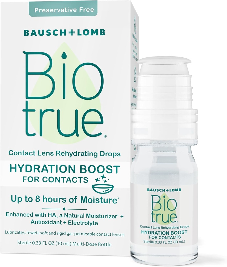 Biotrue Hydration Boost für Kontakte, Rehydratisierende Augentropfen für trockene Augen, Konservierungsmittelfrei, Refreshes, Lubricates & Moisturizes Lenses, Rewetting Eye Drops, 0.33 FL Oz (Pack von 1)