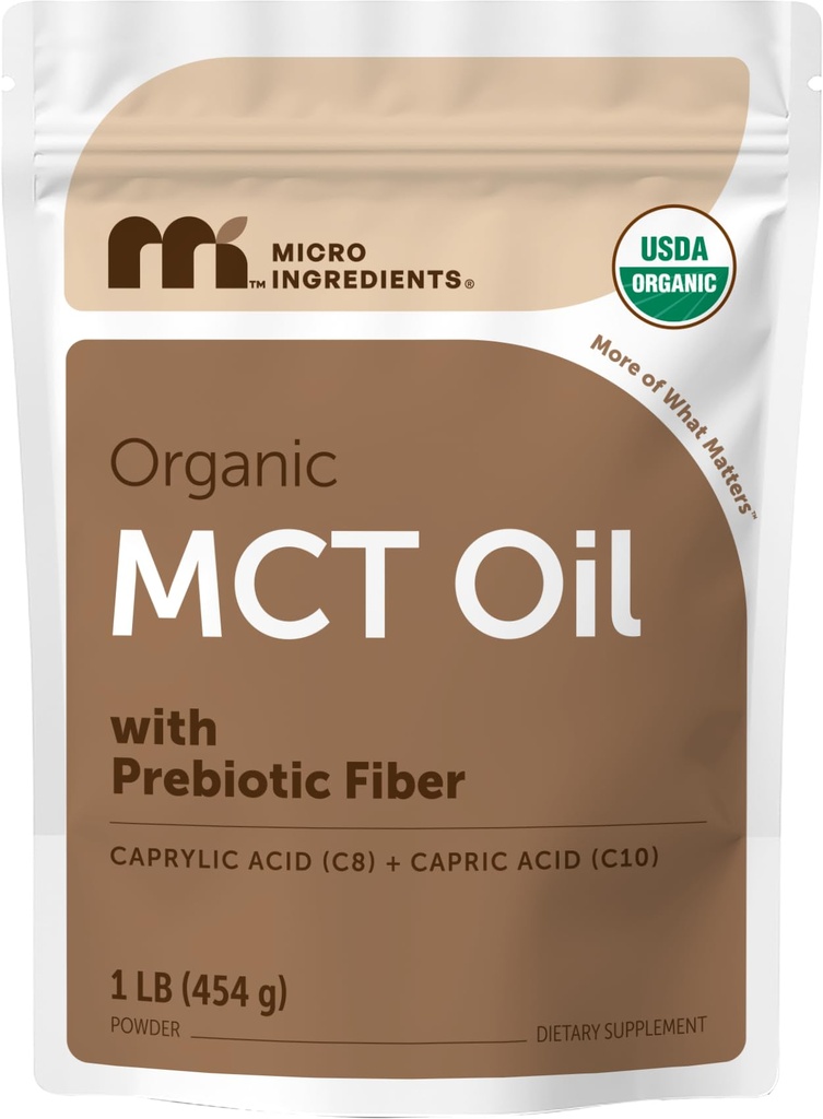 Poudre d'huile MCT biologique avec fibre prébiotique,1 Pound(16 Ounce), Fuel rapide pour le corps et le cerveau, C8 MCT huile pour crème de café, Pas d'OGM, Keto Diet, Vegan