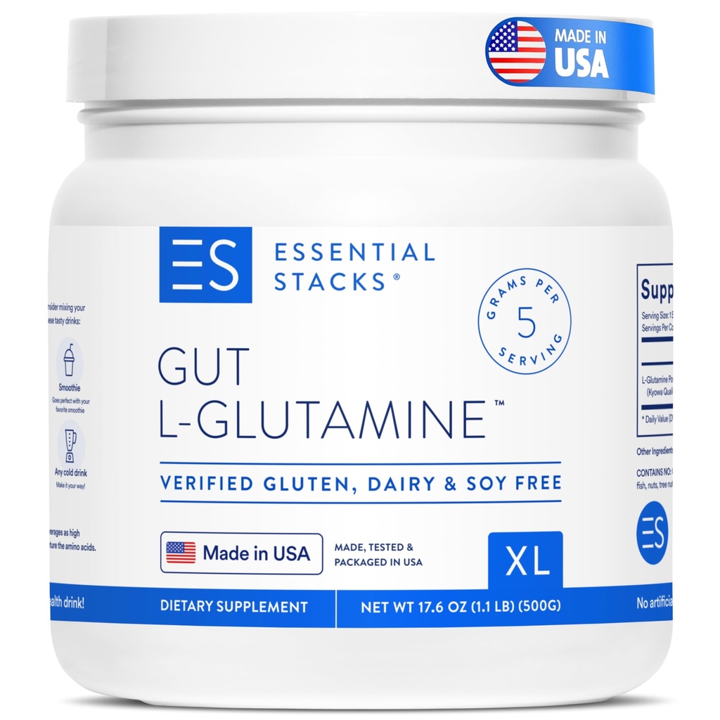 Stacks essentiels Gut L-Glutamine en poudre - Fabriqué exclusivement aux États-Unis - Pure L Glutamine en poudre pour la santé Gut (100 portions, non aromatisées)