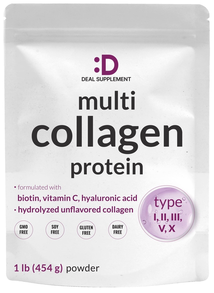 Poudre de protéines multicollagène,1Lb - Peptides de collagène de type I, II, III, V, X avec biotine 10000mcg, vitamine C et acide hyaluronique - Non aromatisé - Keto & Paléo amical, idéal pour les cheveux, la peau, les ongles et les articulations