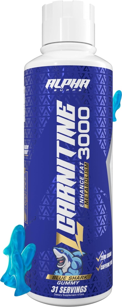 Alpha Supps L Carnitine Liquid 3000 | Stimulant-freie L-Carnitin Ergänzung für Männer & Frauen | Vor-Workout Energie Boost & Muskel Erholung | Zero Zucker, Fett, & Carbs | 31 Servierungen (blaue Gummy)