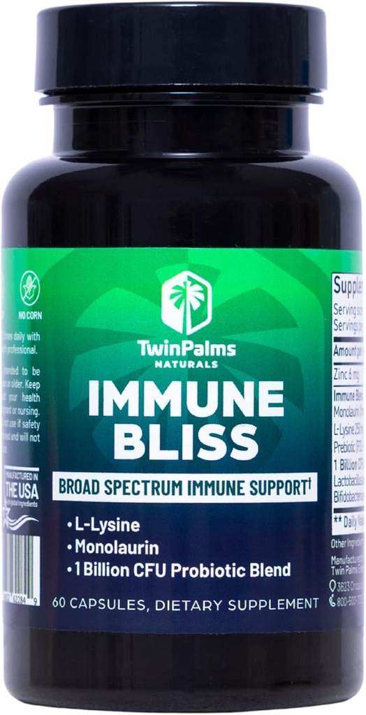 Immune Bliss - Broad Spectrum Daily Wellness Support for Seasonal Sickness | L-Lysine Monolaurin Probiotic Prebiotic Blend | Provides Natural Defense | Vegan Vegetarian Non-GMO | 60 Capsules
