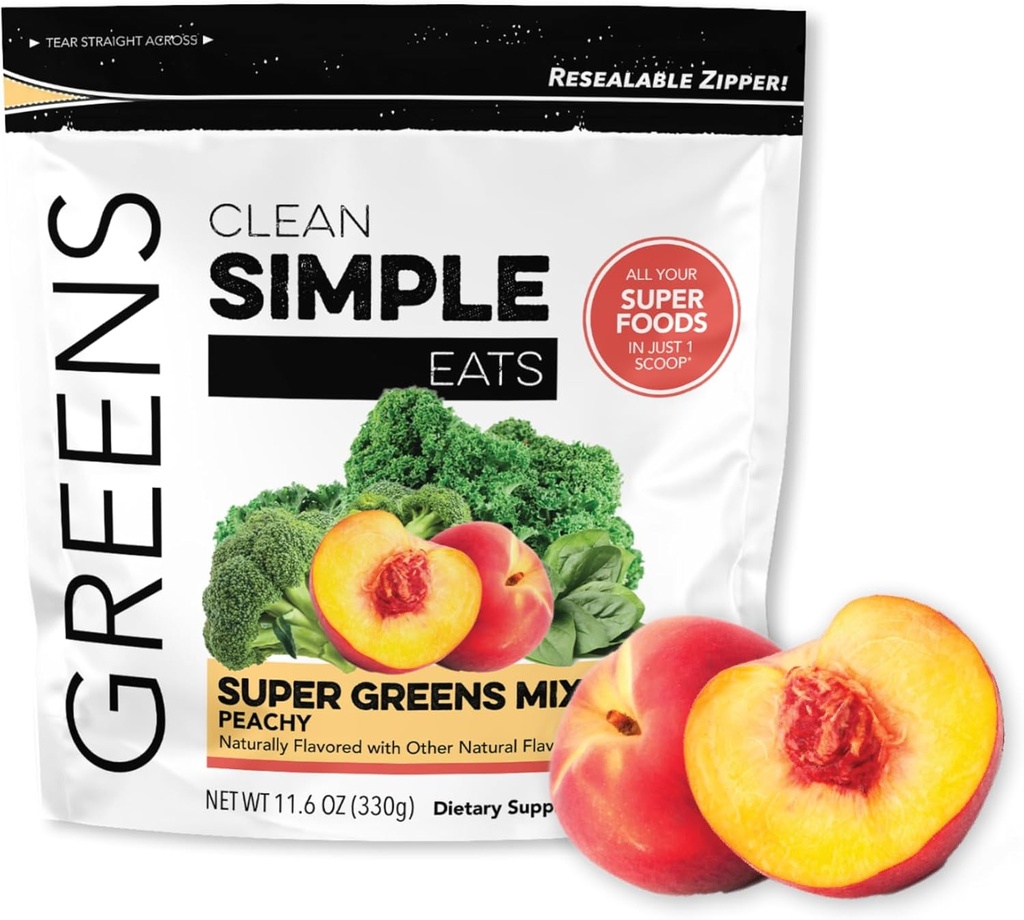Reinigen Sie einfache Eats Super Greens Pulver, Natürlich aromatisierte Grüns Pulver mit Chlorella, Spirulina, Superfoods & Prebiotic Fiber, keine künstlichen Inhaltsstoffe, Glutenfrei, Peachy Greens Flavor, 30 Srvgs