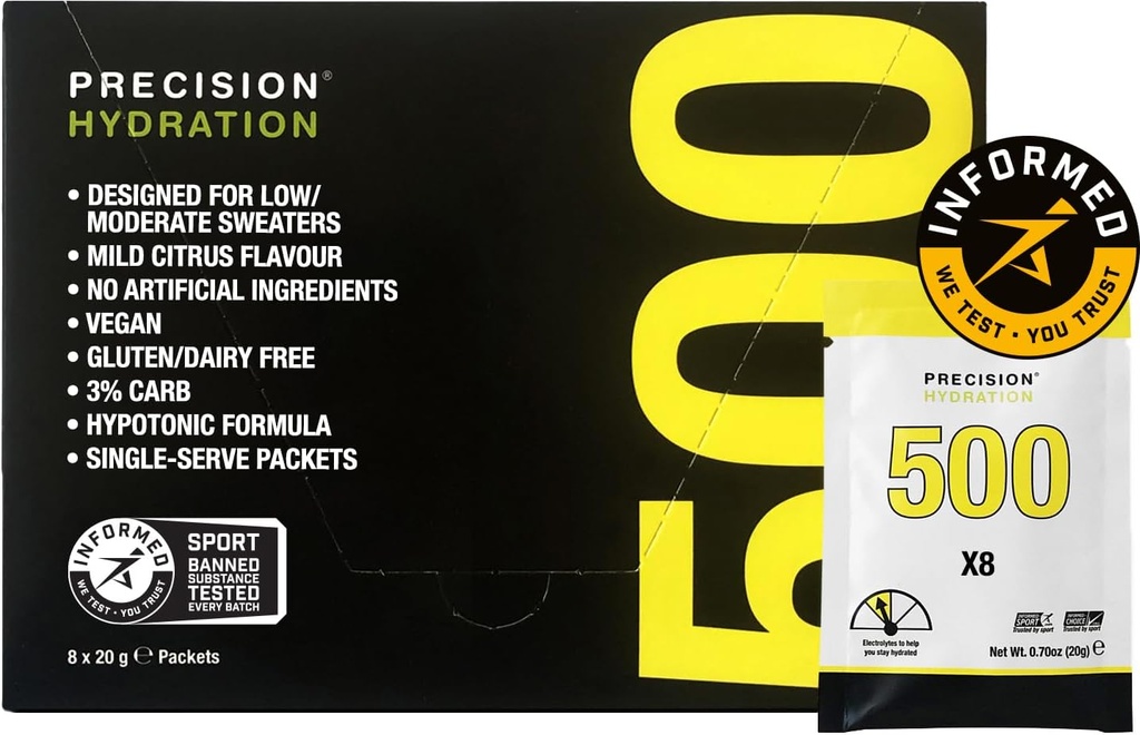 Mélange de boissons électrolytes d'hydratation de précision - Toutes les poudres d'électrolytes multirésistance naturelles - Servants individuels étanches - Sans gluten/lait (500mg/L - Paquet jaune, boîte de 8)