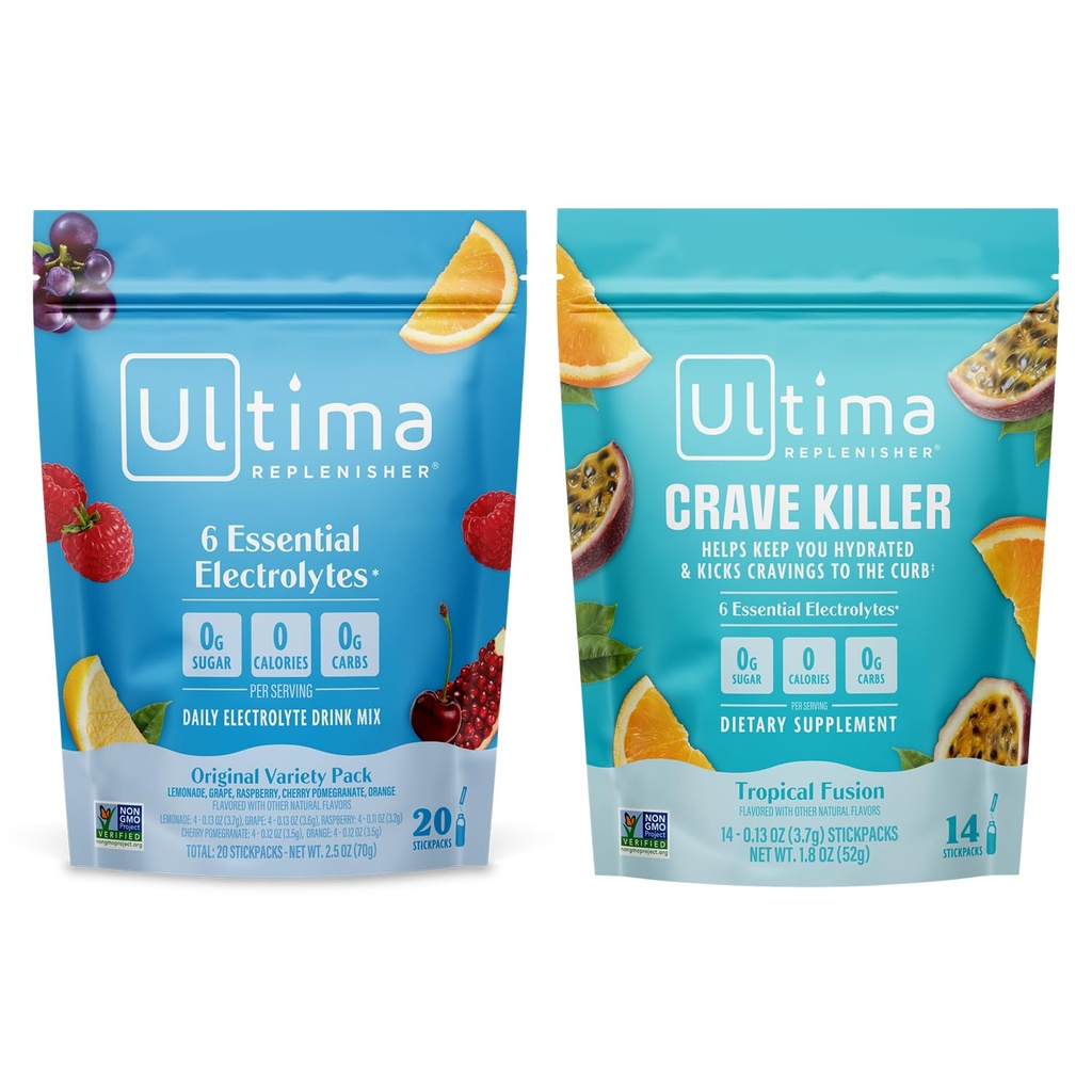 Ultima Replenisher Electrolyte Powder Drink Mix Bundle – Sugar Free – Variety, Crave Killer – 20 Stickpacks, 14 Stickpacks – 6 Elektrolyte und Mineralien – Keto Friendly, Vegan, Non-GMO