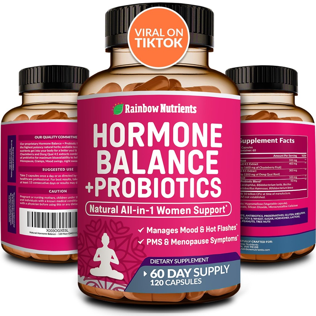 Hormon Balance + Probiotika für Frauen- Natürliche Menopause Relief, Gewichtsmanagement, Bloating, Hot Flashes, PMS | Organic Maca, Chasteberry, Dong Quai & Black Cohosh | Non GMO |120 V Kapseln