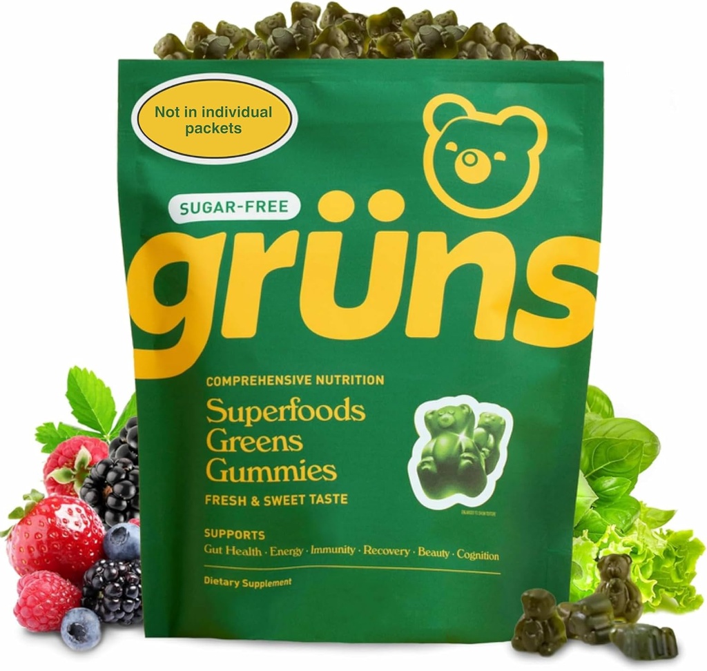 Grüns Adult Sugar-Free Super Greens Gummis - Superfood Gummy Bears mit Spirulina, Chlorella, Fiber & Prebiotics für Verdauungsgesundheit, Adaptogen Supplement mit 20 Vitaminen & Minerals, 2 Wochen Versorgung