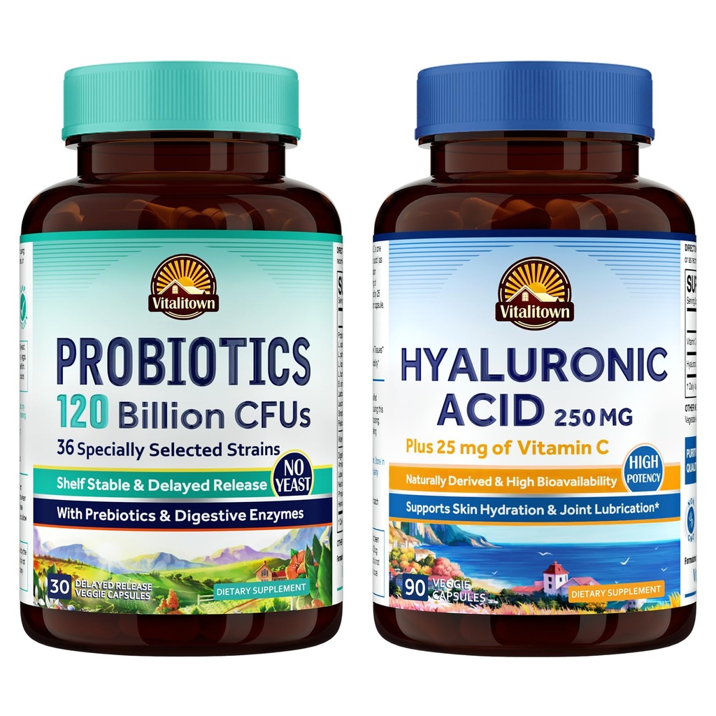 Vitalitown Gut-Skin Bundle (Pack mit 2) | Probiotics 120 Billion CFUs (Item 1) & Hyaluronsäure (Item 2) | 30 + 90 Kapseln