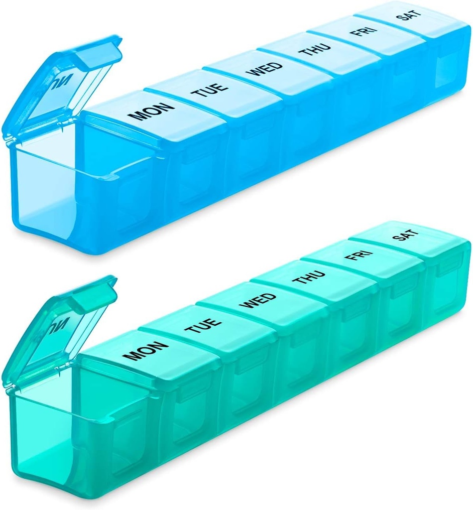 BUG HULL Weekly Pill Organizer Große 2 Packungen, extra große Reise Pillen Organizer, Pille Box 7 Tag, Reise Pille Fall, Medizin Pille Organizer für Vitamine, Ergänzungen und Medikamente (Blau + Grün)