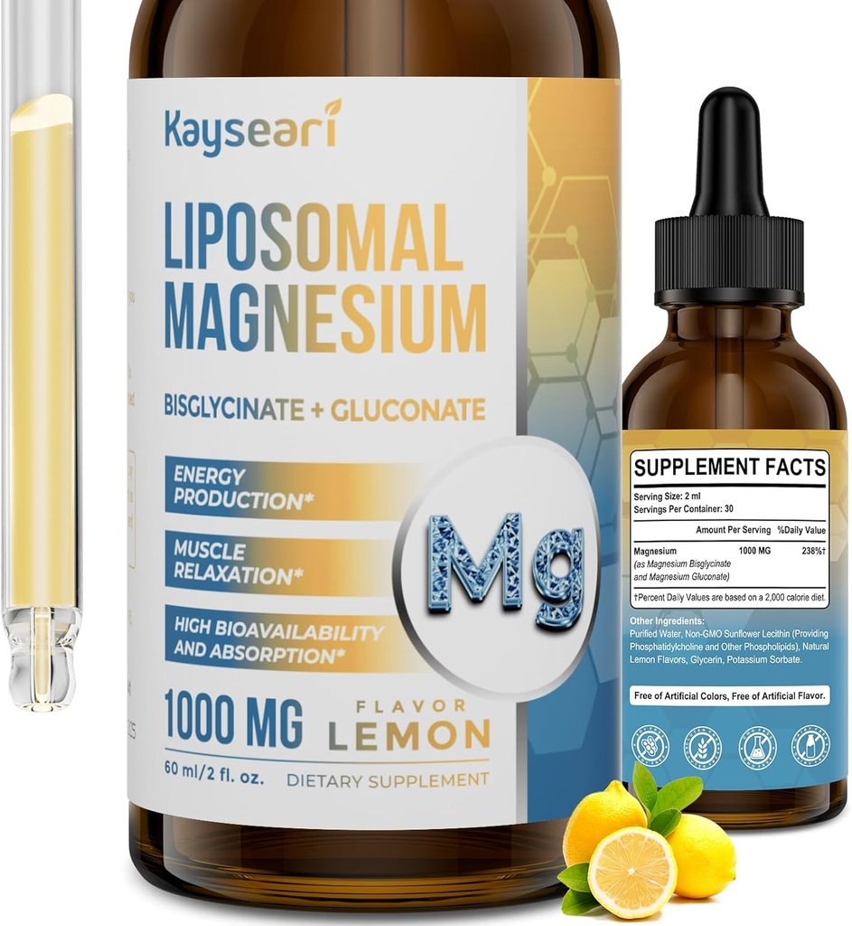 Hochfeste Liposomale Magnesiumtropfen, leicht absorbierte Chelatformen von Magnesium-Bisglycinat und Magnesium-Gluconat, 60ML Zitronen-Flaschen-Flüssigtropfen