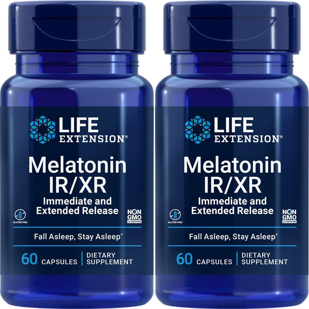 Durée de vie Melatonine IR/XR, 1,5 mg, formule de libération immédiate et prolongée pour le soutien optimal du sommeil, rythmes circadiens sains, défense cellulaire, sans gluten, sans OGM, 2 x 60 capsules