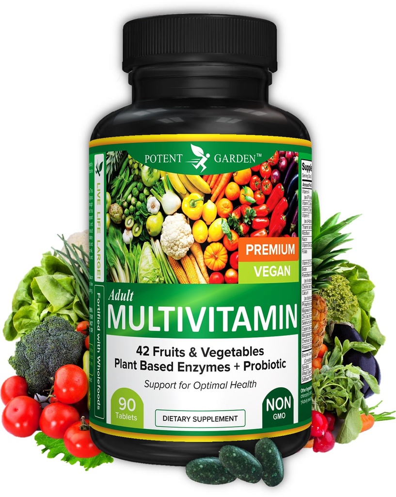 Potent Garden Multivitamine adulte pour les femmes et les hommes, 42 Fruits et légumes Plus probiotiques, soutient le métabolisme énergétique et le système immunitaire, multivitamine quotidienne pour les hommes et les femmes non-OGM, 90 onglets, 30 portions