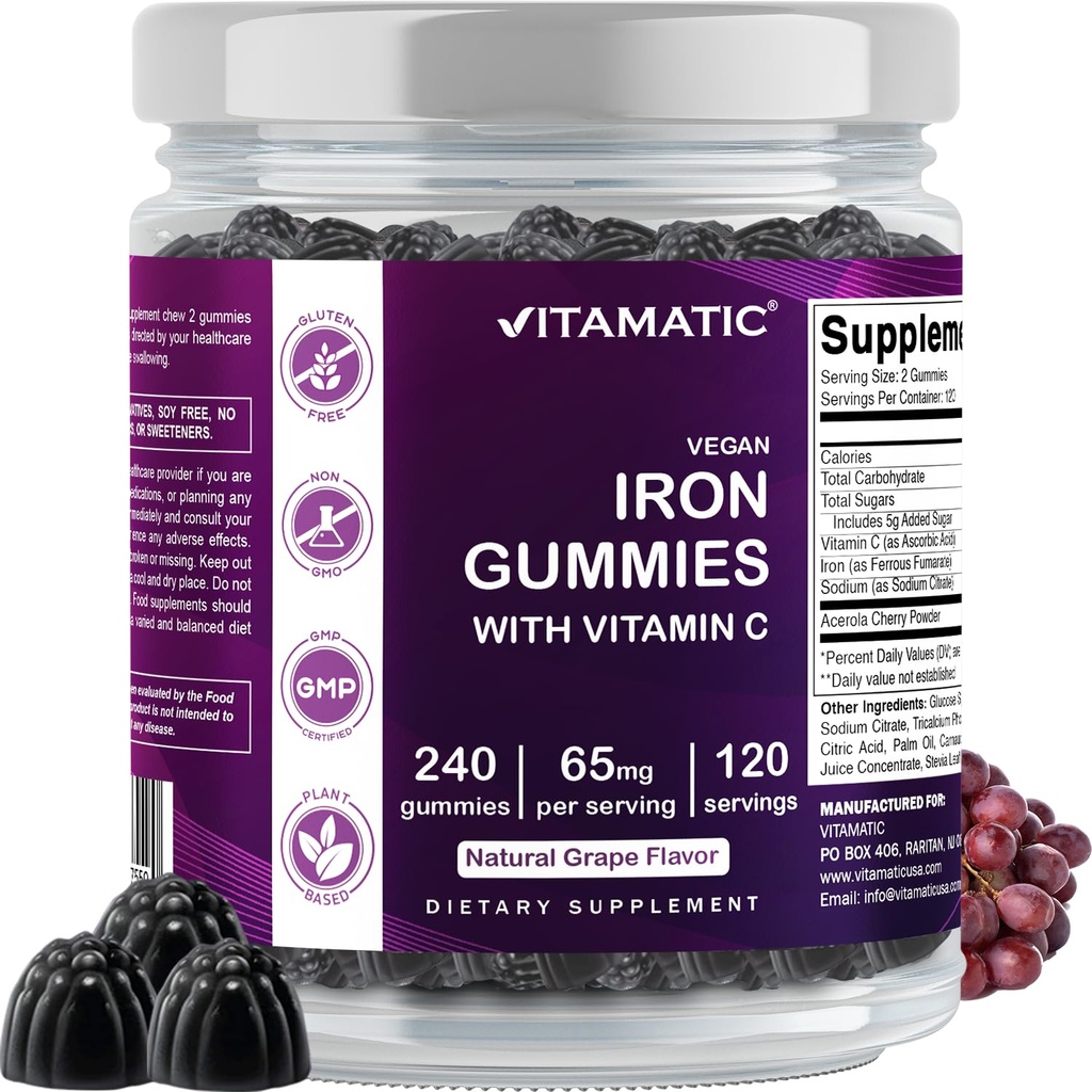 Vitamatic Eisen 65 mg Gummis Beilage für Damen & Herren - 240 Vegan Gummis - Great Tasting Iron Gummy Vitamins mit Vitamin C