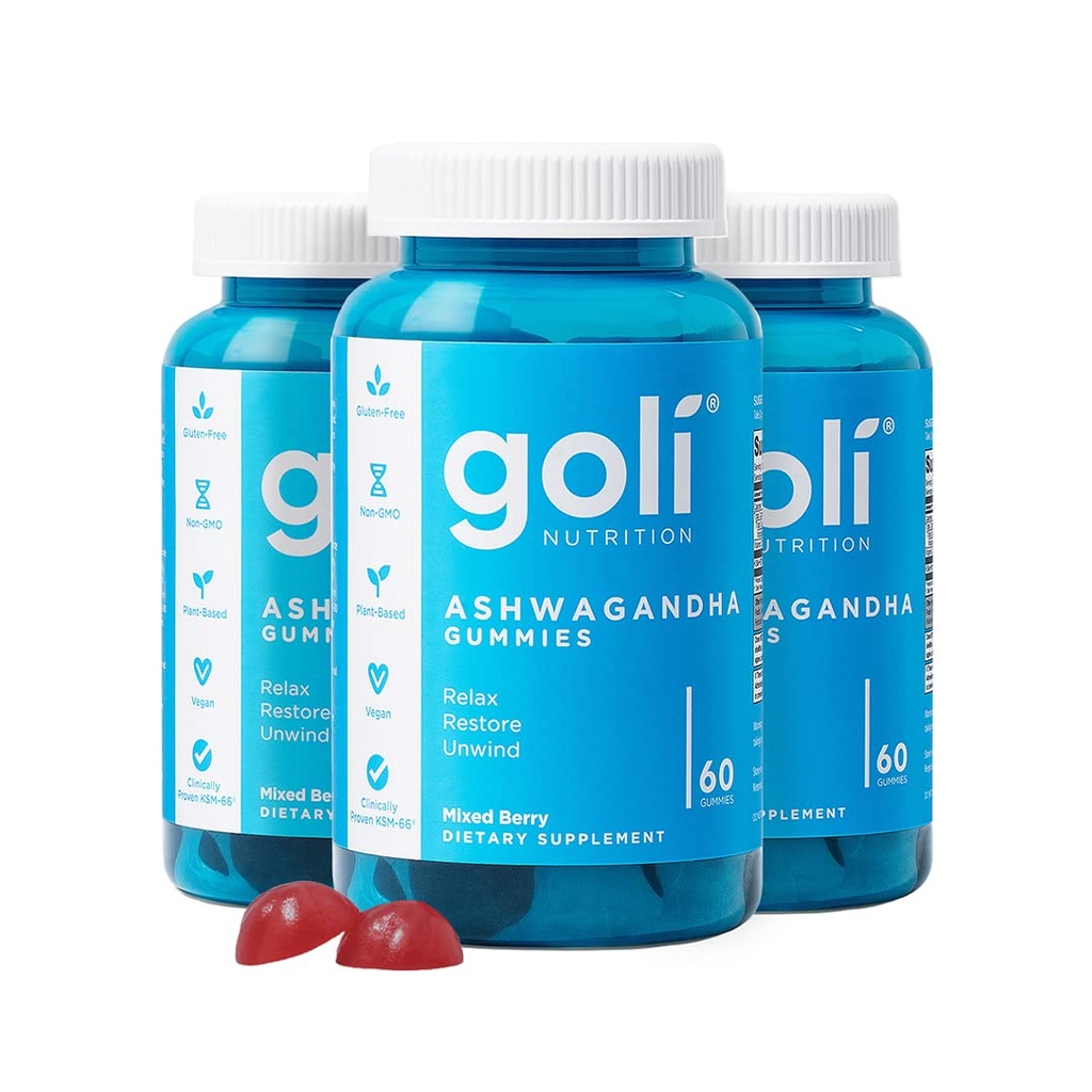Goli Ashwagandha & Vitamine D Gummy - 180 Compte - Berry mixte, KSM-66, végétalien, à base de plantes, sans OGM, sans gluten et sans gélatine. Restaurer. Détendez-vous, pack de 3