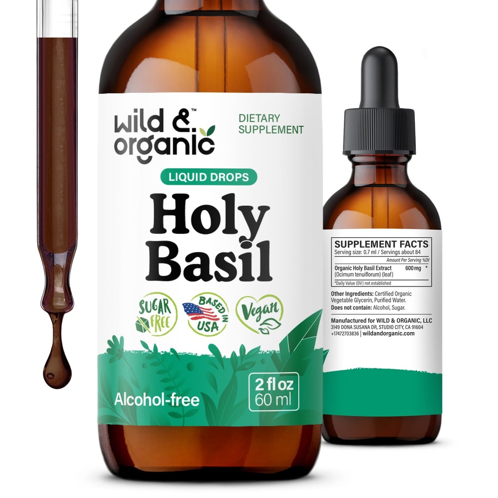 Wild & Organic Holy Basil Leaf Tincture - Relaxation, Beruhigung, Stimmungsunterstützung - Tulsi Holy Basil Supplement - Vegan, Zucker & Alkoholfreie Kräuterextrakt Tropfen - 2 fl oz