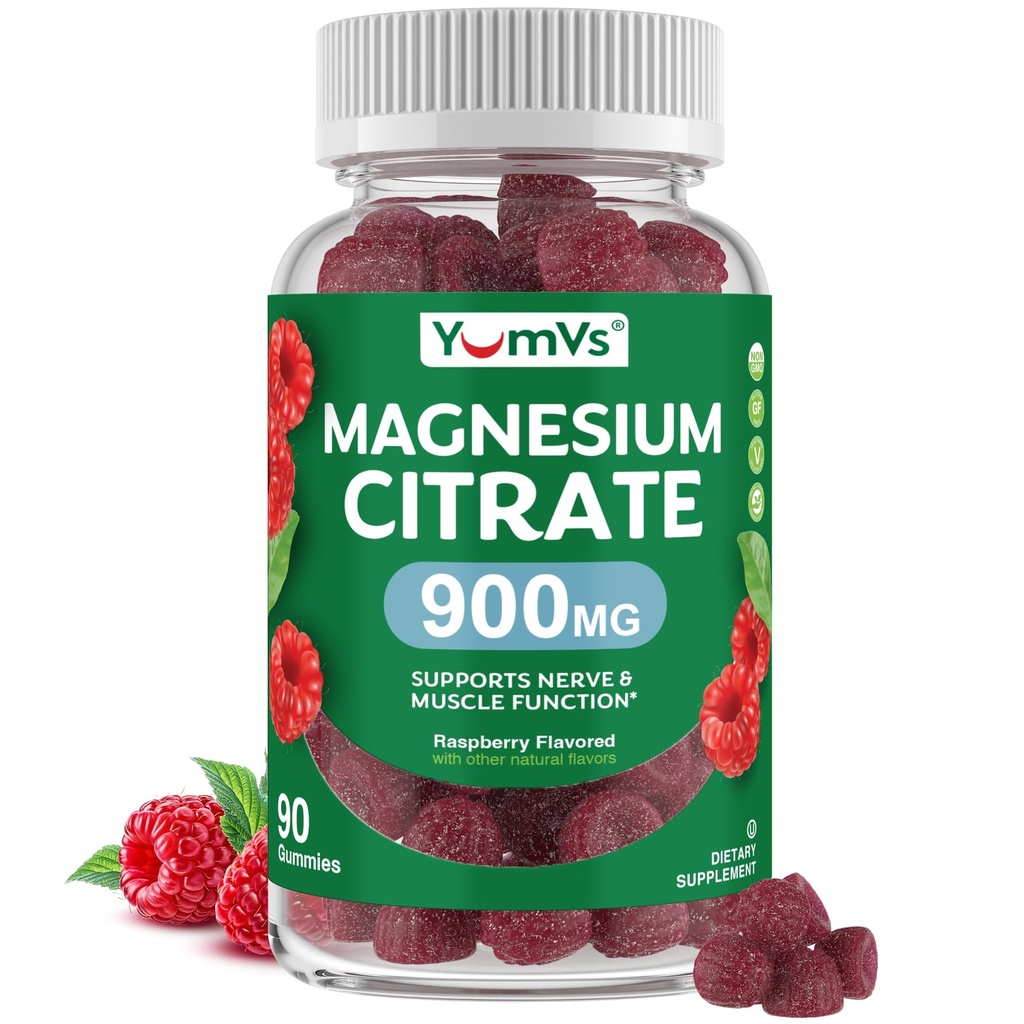 Gommies de Citrate de Magnésium YUM-V – 900mg Gommies de Magnésium hautement absorbantes pour les femmes et les hommes pour soutenir la fonction Nerve, Muscle & Enzyme – Sans gluten, sans casher et framboise (90 comte)