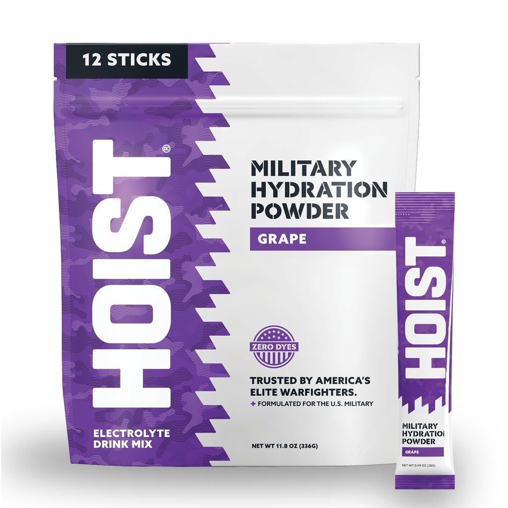 HOIST Electrolyte Drink Mix Powder Sticks – Réhydratation rapide, Formule d'hydratation militaire – Raisin (12 packs à simple portion)