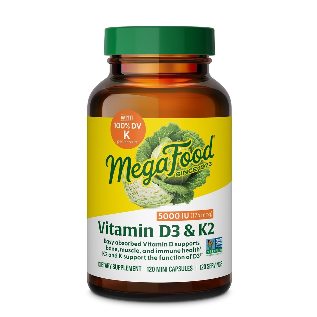 MegaFood Vitamin D3 5000 IU (125 mcg) - Vegetarische Ergänzungen mit Vitamin D3 K2 - Unterstützt Knochen, Zähne, Muskeln & Immune Gesundheit - Zertifizierte Non-GMO - 120 Mini Kapseln, 120 Portionen