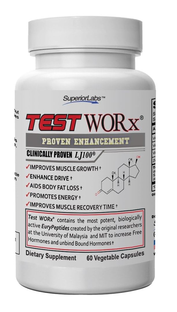 Superior Labs Test Worx Natural Testostérone Booster Supplément avec LJ100 prouvé cliniquement et 8 autres ingrédients puissants - Augmentation notable de l'énergie, l'endurance, la récupération, le sommeil et l'humeur