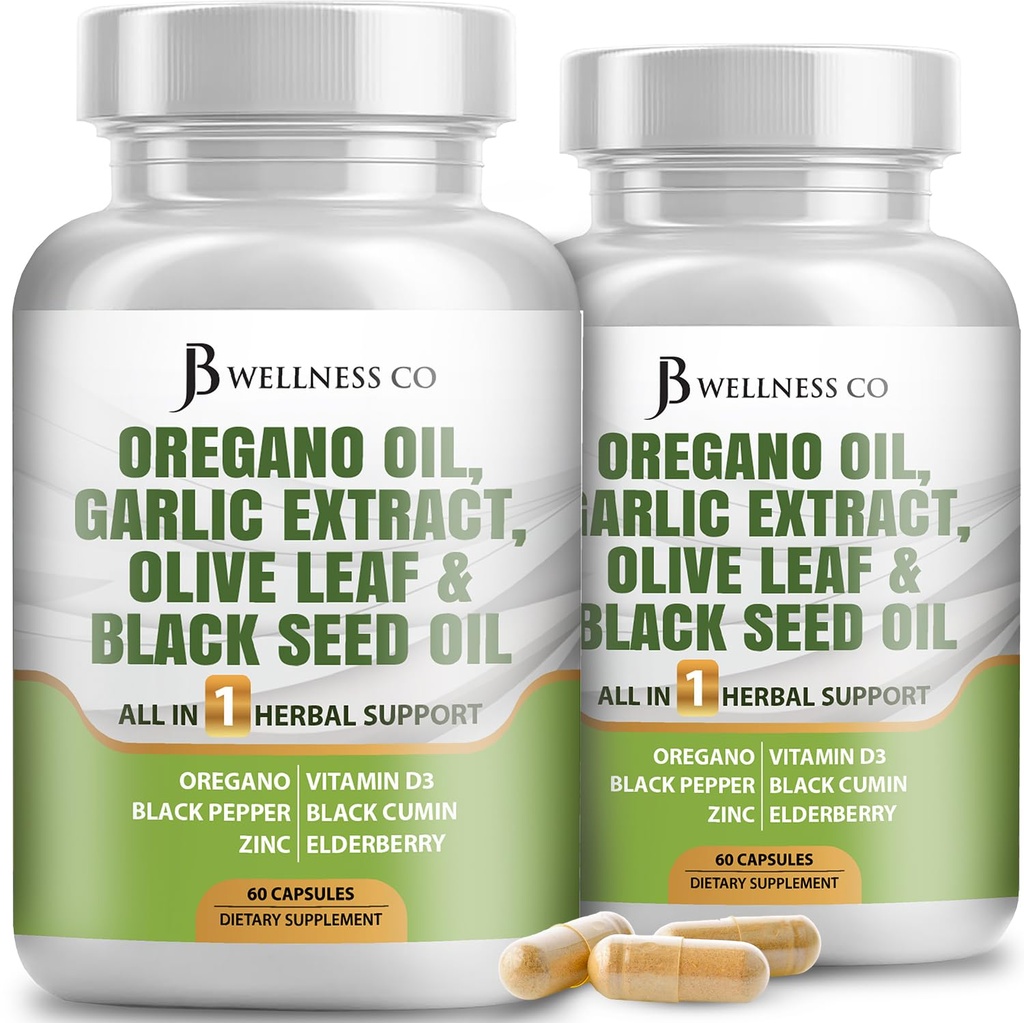 JB Wellness Oregano Öl, Knoblauch Extrakt, Olivenblatt, mit Astragalus - Immununterstützung & Verdauungsergänzung für Frauen und Männer - 120 Count