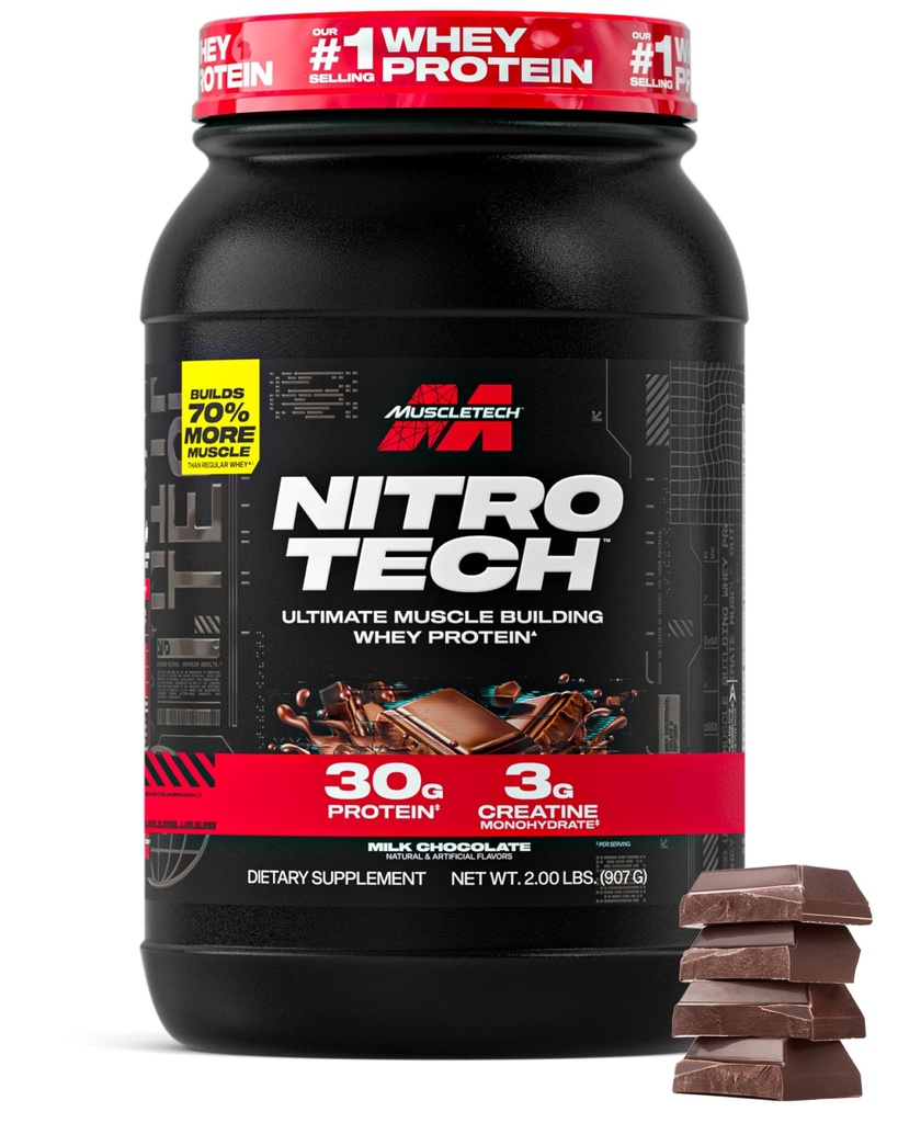 Muscletech Whey Protéine poudre (chocolat de lait, 2 livres) - Nitro-Tech Ultimate Muscle Building Formula with Whey Protein Isolate - 30g de protéines, 3g de créatine et 6.8g de BCAA - Emballage Mai Varier