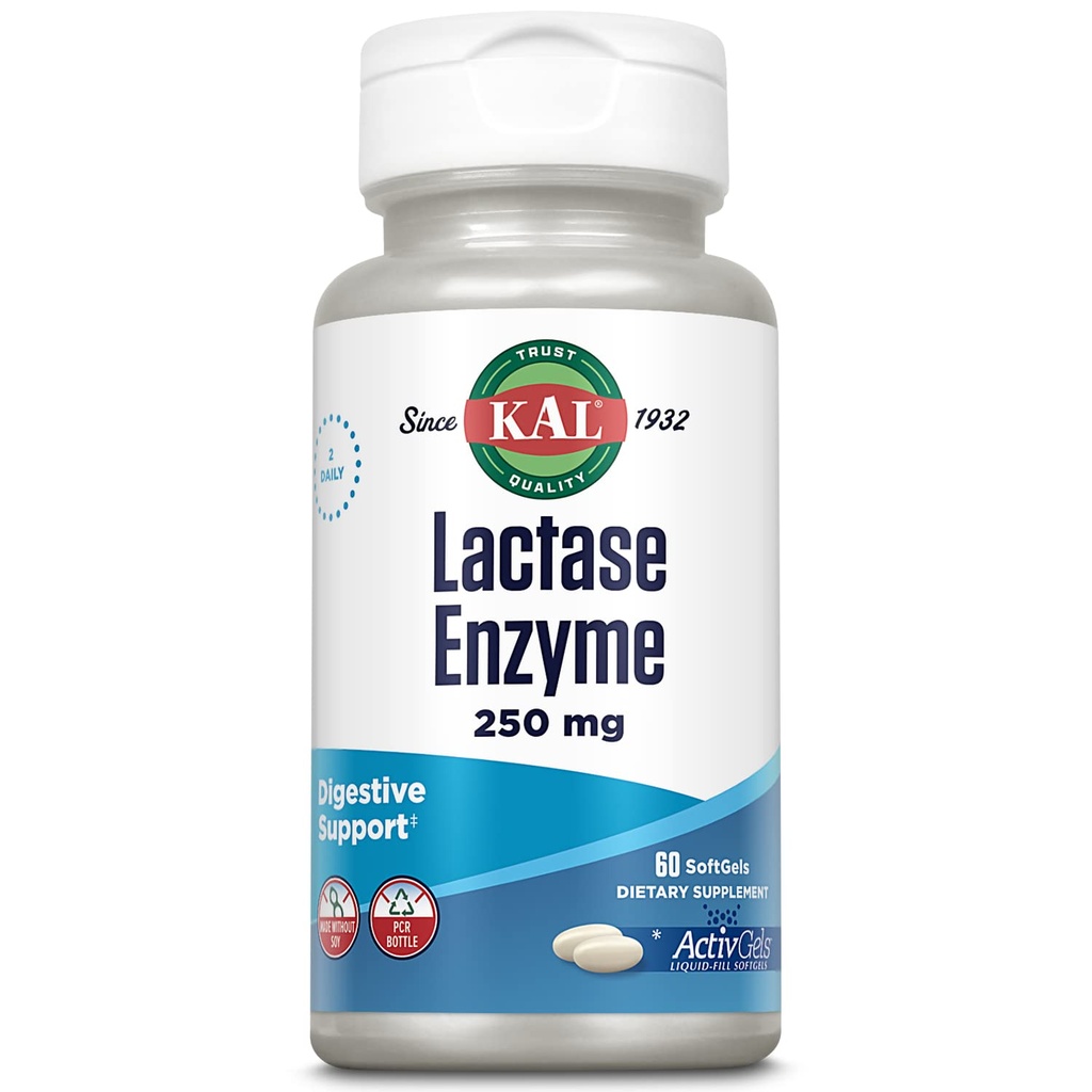 KAL Lactase Enzym 250 mg, Gesunde Verdauung Unterstützung für Lactose Intolerance, Liquid-Filled ActivGels Made without Soy, 250 FCC Units, 30 Portionen, 60 SoftGels
