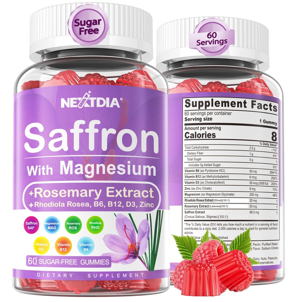 Safran avec Glycinate de magnésium, 2 mois d'approvisionnement - Sans sucre Magnésium 400/200mg avec Saffron,Rhodiola,Rosemary, B6,B12,D3 pour le sommeil, Calme,Focus, Relax, Nerve, Gummées sans Melatonine
