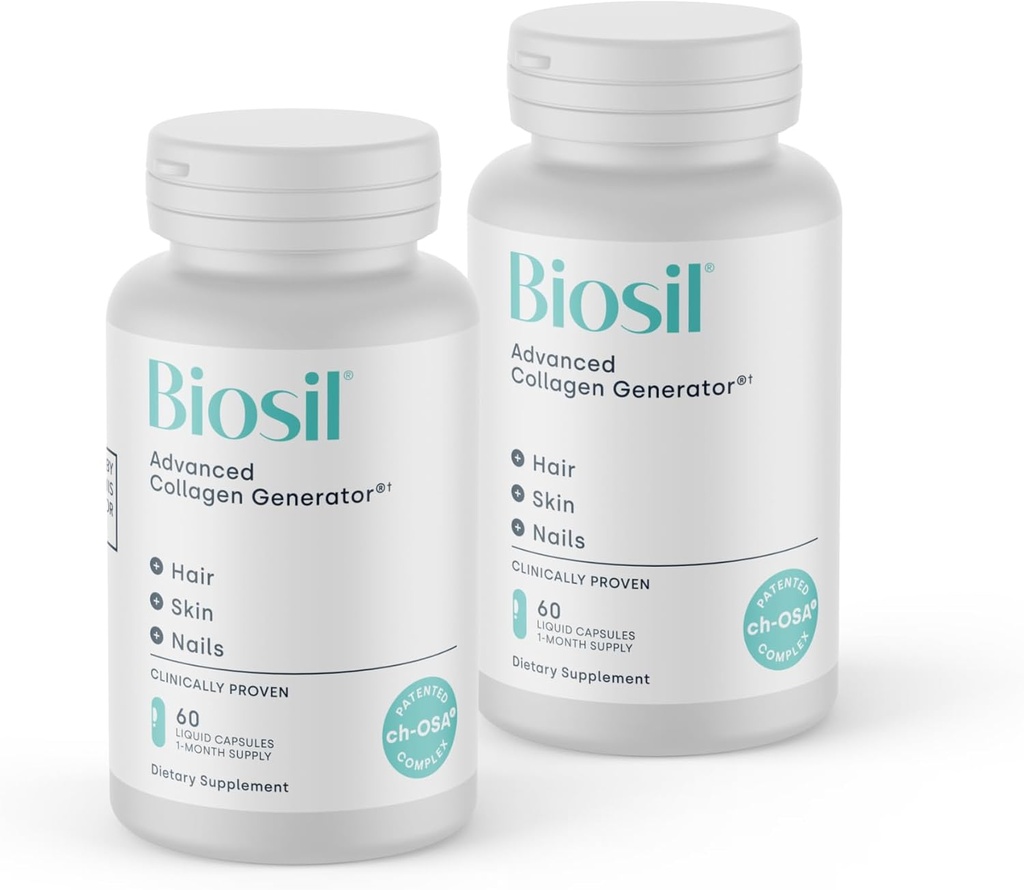 Supplément de rappel de collagène biosil - 60 capsules liquides, pack de 2 - Activateur breveté ch-OSA pour la peau, les cheveux, les ongles et les articulations - Supporte la production naturelle - 60 jours d'approvisionnement