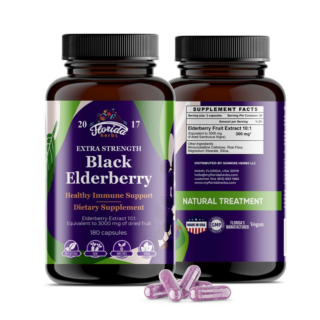 Schwarze Elderberry Kapseln | 180 Count | Sambucus Elderberry Vitamins, Non-GMO, Glutenfrei, Bio Elderberry Extrakt Sambucus Nigra